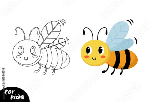 Cute flying bee cartoon character. Coloring for kids. Happy insect in kids style. Vector illustration.