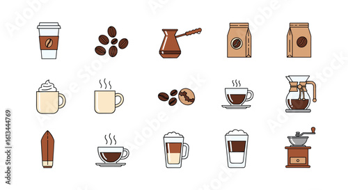 Collection of coffee related icons representing various brewing methods and beverages
