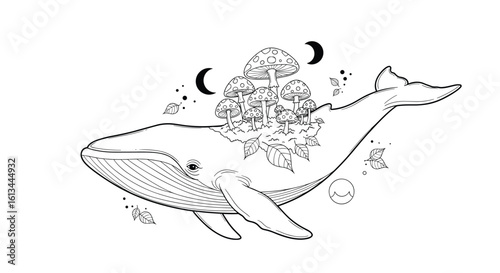 Enchanting celestial whale breaching through starry waters under crescent moons