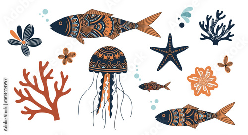 Ornate and whimsical underwater life featuring fish jellyfish coral starfish and other marine elements with intricate patterns