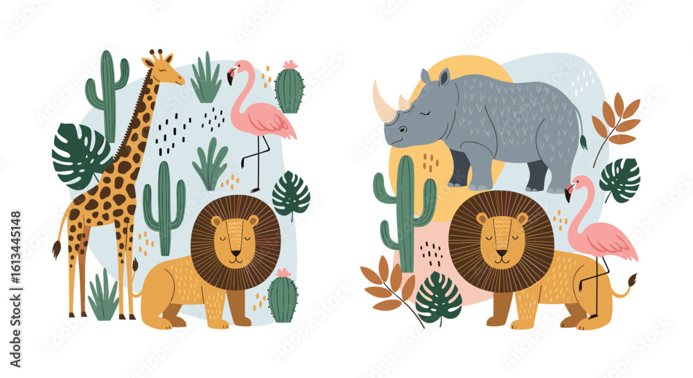 Obraz premium Vibrant safari scene featuring majestic giraffes lions rhinos and flamingos amidst cacti and lush greenery