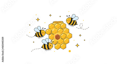 A charming pixelated illustration of busy bees gathering sweet nectar around a golden honeycomb structure