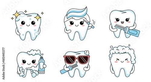 Adorably illustrated dental hygiene characters demonstrating good oral care practices