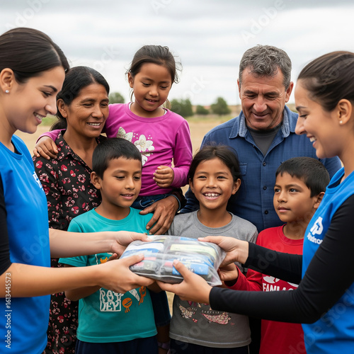 Volunteers giving a gift to a family, promoting community and kindness.
