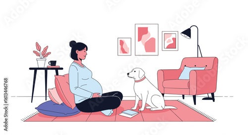 Cozy living room scene with a pregnant woman sitting on floor next to her dog and a comfortable armchair and a small table with a plant and cup