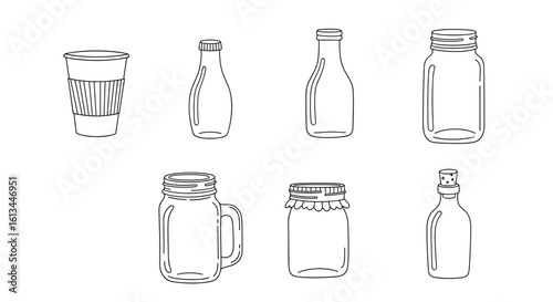 Collection of assorted glass containers including jars bottles and a mug with simple outline drawings against a white background