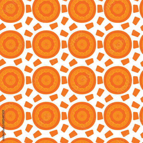 Orange carrot slice seamless pattern with fresh vegetable. Healthy carrots cooking background