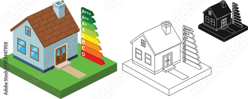 Energy efficient home illustration showing energy rating and home efficiency design
