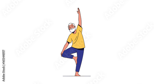 Elderly man practicing yoga standing on one leg demonstrating balance and flexibility in a peaceful and healthy lifestyle