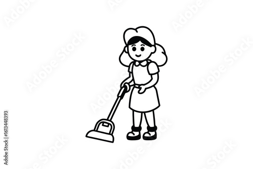 Cute Cartoon Maid Vacuuming in a Black and White Silhouette Style Cleaning Illustration silhouette