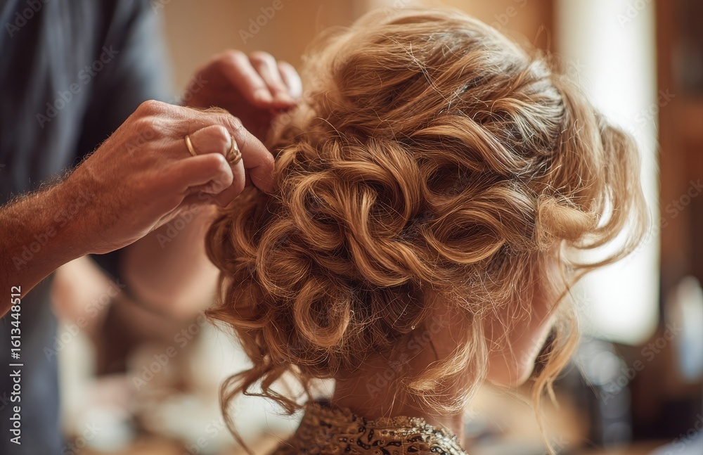 Fototapeta premium Hairdresser making hairstyle for bride in beauty salon