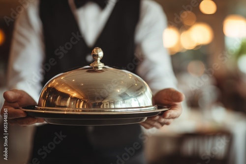 A waiter in formal vest delivering food in a silver tray with a shiny stainless steel dome cover (cloche).