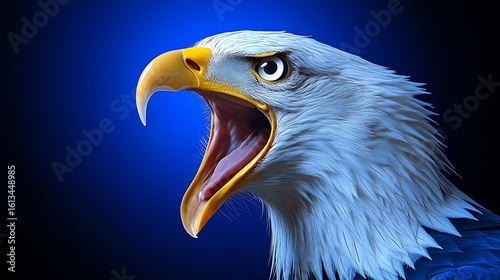 A close up of a screaming bald eagle against dark blue background