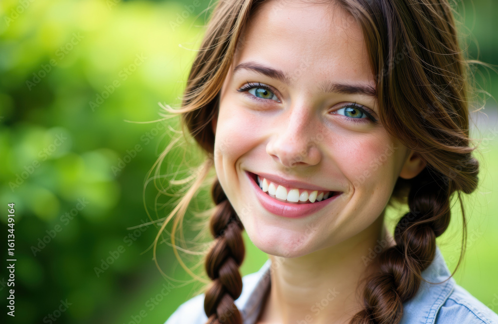 Fototapeta premium Woman smiling outdoors with bright natural light and lush green background