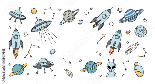 Whimsical cosmic adventure with flying saucers rockets planets and aliens in outer space exploration