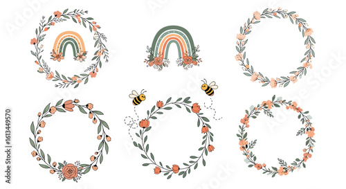 Charming boho floral wreaths and rainbows featuring adorable bees for creative designs