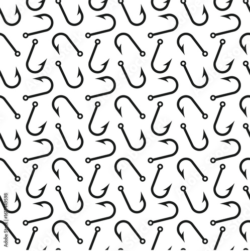 Tackle sport background. Fishing outdoor hobby. Fishing hook seamless pattern