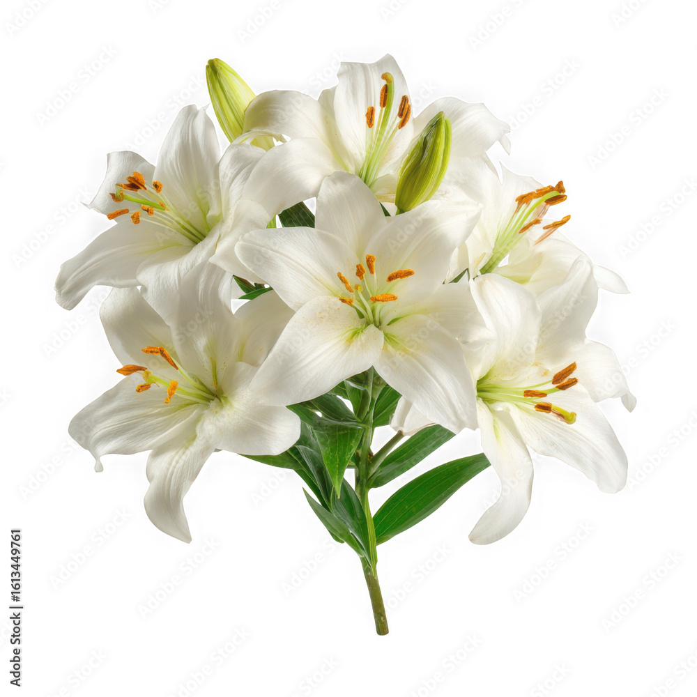 Naklejka premium A beautiful bouquet of white lilies with green stems isolated on transparent background