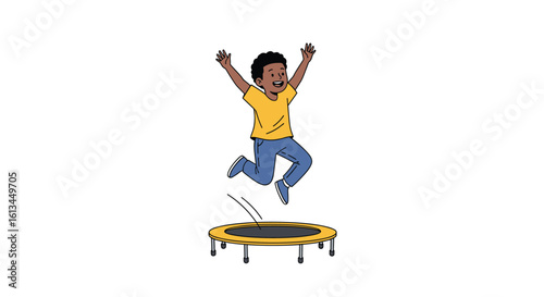 Young child with dark curly hair and a yellow t-shirt and blue jeans happily jumping high in the air on a black and yellow mini trampoline during playtime outdoors