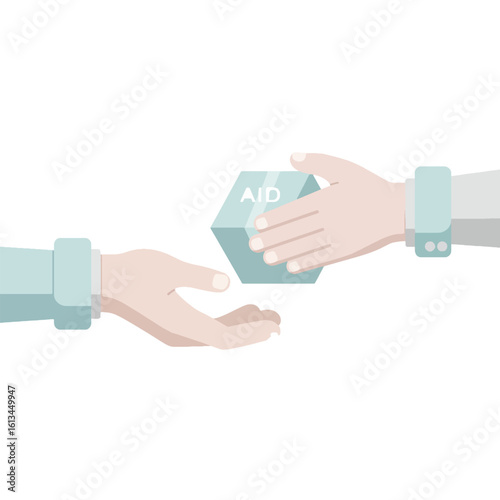 Hands exchanging a box labeled "AID," symbolizing humanitarian assistance or charitable giving.
