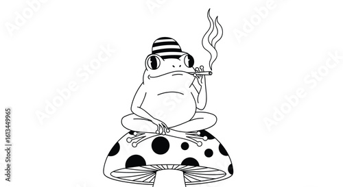 Amphibious character enjoying relaxation and smoke atop a dotted seat with a striped head covering
