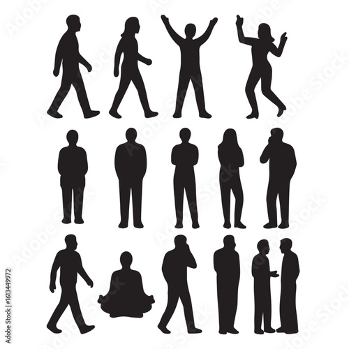 Set people outlines isolated on white background. Sitting, walking, dancing, etc. vector silhouette
