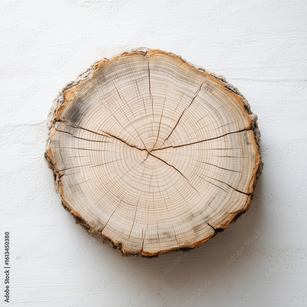 Fototapeta premium Tree Trunk Cross Section with Growth Rings on White Background 