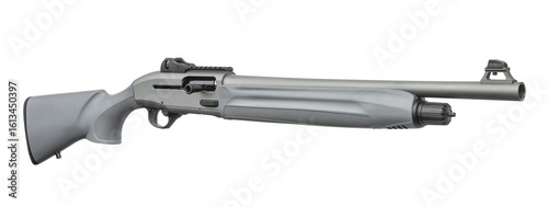 Tactical gray shotgun featuring polymer stock and rail system, laid out horizontally against a white back