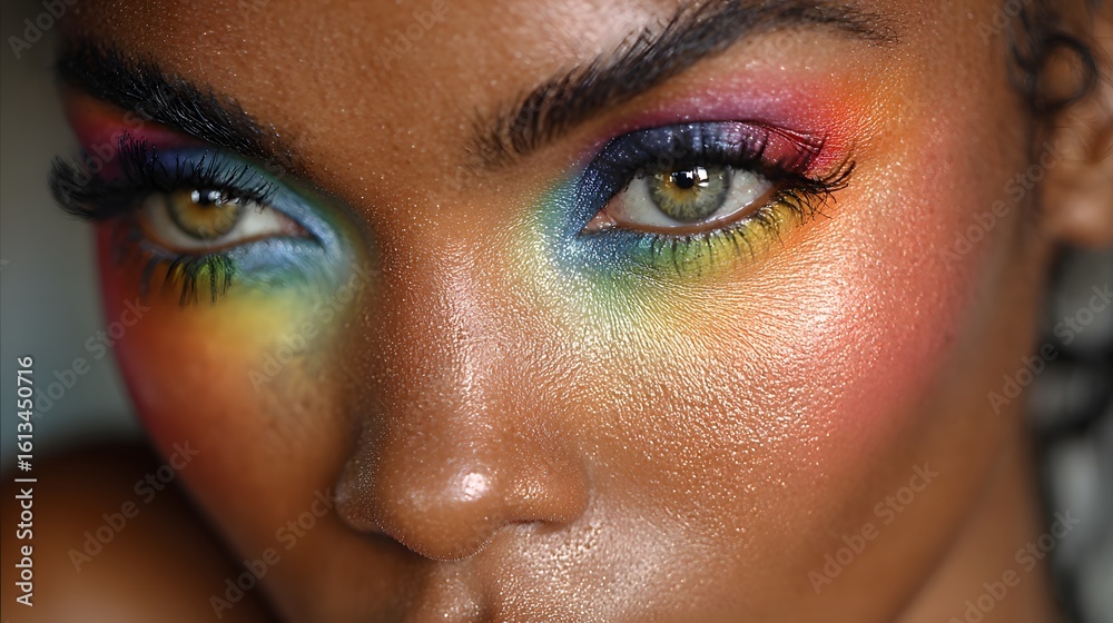 Fototapeta premium Close-up of a face with vibrant rainbow eyeshadow.