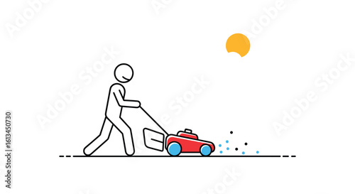 A simple stick figure person pushing a red lawn mower on a sunny day cutting grass