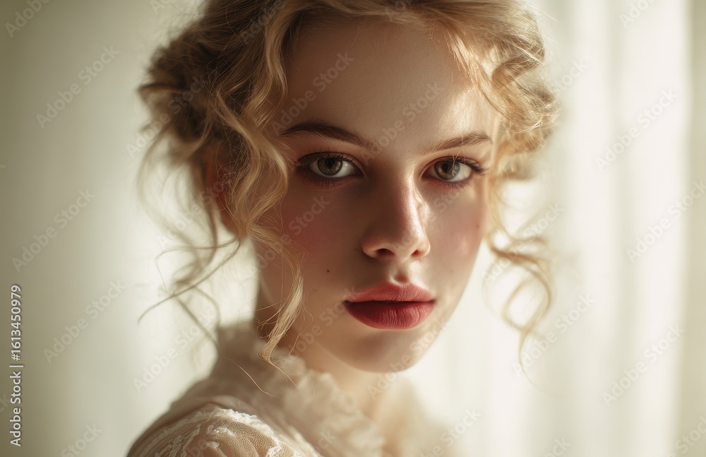 Fototapeta premium Blonde model with curly hair and red lipstick posing near a window