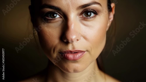 Horizontal video woman with makeup smiling on dark background