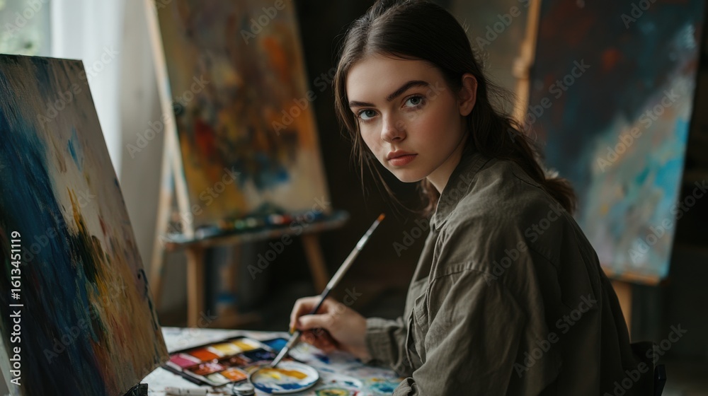 Fototapeta premium Creative passion: a young artist immersed in her world of colorful expression