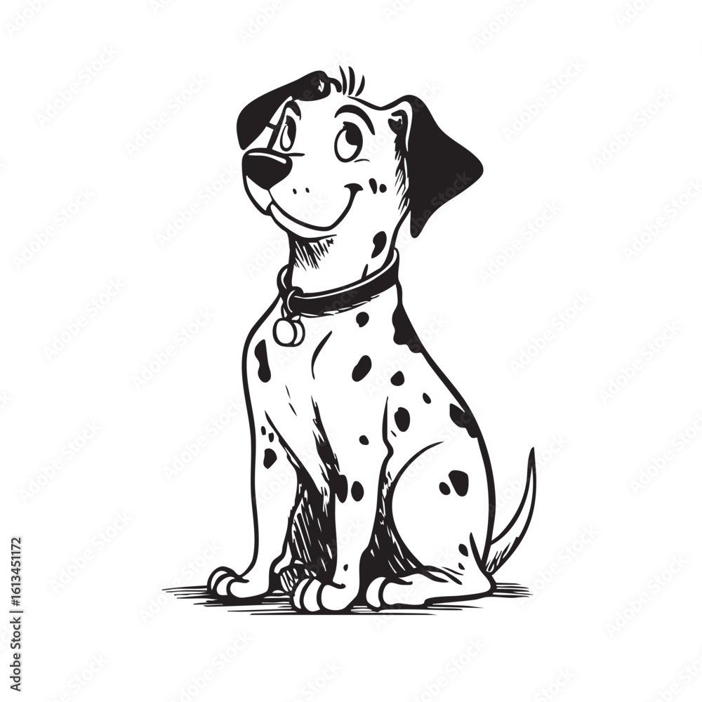 Fototapeta premium A happy dalmatian dog sits and looks up, in a sketch style.