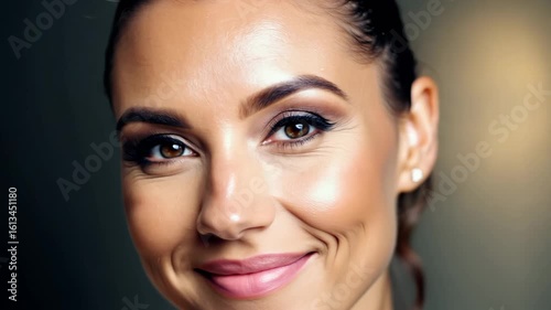 Horizontal video woman with makeup smiling on dark background