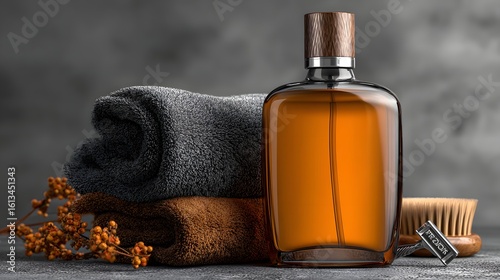 Amber-hued fragrance bottle displayed with folded towels.