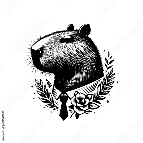 Sophisticated capybara wearing a tie and laurel wreath