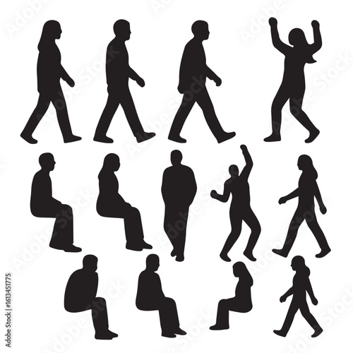 Set people outlines isolated on white background. Sitting, walking, dancing, etc. vector silhouette