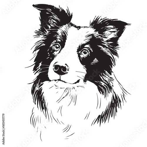 A black and white sketch of a Border Collie dog's head.