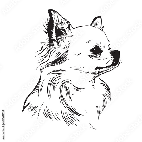  A black and white sketch of a fluffy Chihuahua dog's head.