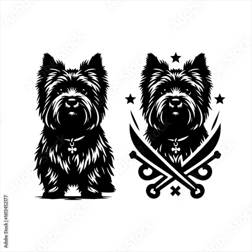 Black silhouette of a yorkshire terrier dog with pirate swords and stars