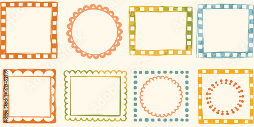 Hand-Drawn Doodle Frame Set – Colorful Scalloped and Polka Dot Borders in Circle & Square Shapes | Fun Scrapbook, Journal, Sticker & Craft Design Elements for Kids and Creatives