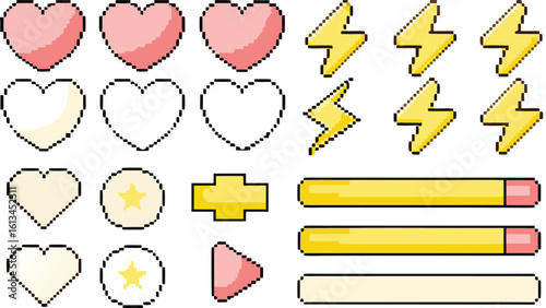 Pixel Game UI Icon Pack – Retro 8‑Bit Hearts, Lightning Bolts, Health Bars, Coins & Buttons | Editable Sprite Sheet for Stream Overlays, Mobile Games, Graphic Design & Gamer Merch