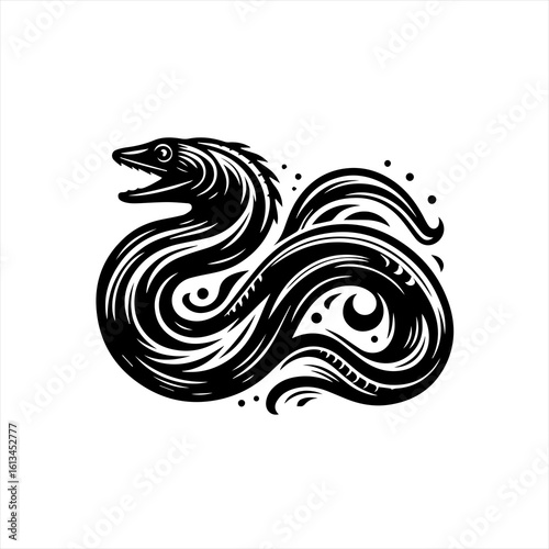 Stylized black and white moray eel illustration with flowing lines