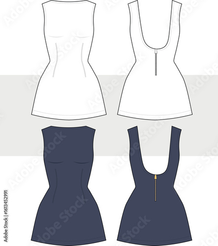Women's sleeveless bodice dress with boat neckline, back zip closure fashion technical drawing, illustration. Back and front view, vector. Cad, Mockup. 
