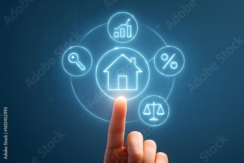 Digital real estate technology and investment concepts with glowing icons