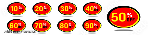 10% off 20% off 30% off 40% off 50% off 60% off 70% off 80% off 90% off ten twenty thirty forty fifty sixty seventy eighty ninety percent off, retail discount, promotion, sale, percentage, set.	