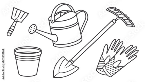 Essential Gardening Tools Line Art Vector – Watering Can, Gloves, Shovel, Rake, Pot, Trowel | Garden Equipment Outline Illustration for Coloring, Education, Posters & DIY Craft Projects