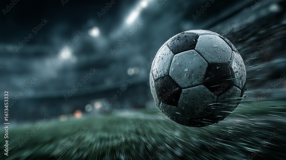 Fototapeta premium Wet soccer ball speeds across rainy field under stadium lights