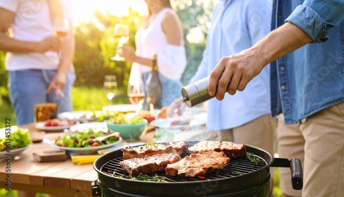 Summer BBQ Smoke  Charcoal  Family Time Concept. Outdoor barbecue with friends enjoying food and drinks.
